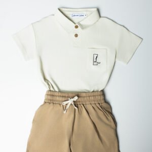 White polo + beige shorts for a modern, minimalist look